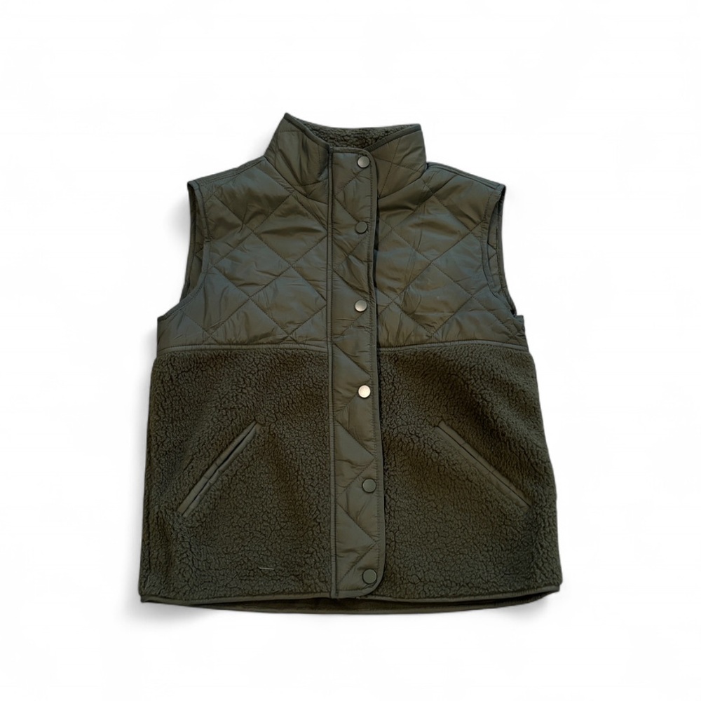 Joie Anthropologie Fleece Quilted Olive Green Button Down Vest Size XS